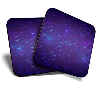 Image of 2 x Square Coasters Blue Purple Tech Gaming Pattern Gamer Cork Backed Home Kitchen Accessory Tea Coffee Mug Mat #44387