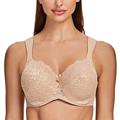 Image of MELENECA Women&#039;s Full Coverage Non Padded Minimizer Underwire Floral lace Bra Pale Nude 38E
