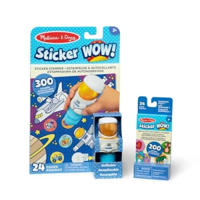 Image of Melissa &amp; Doug Sticker WOW! Astronaut Bundle: 24 Page Activity Pad, Stamper, Mini 500 Stickers, Arts and Crafts Fidget Toy Collectible Character