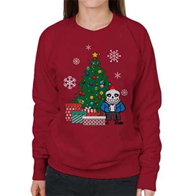 Image of Cloud City 7 Sans Around The Christmas Tree Undertale Women&#039;s Sweatshirt Cherry Red