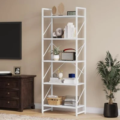 Image of YITAHOME Bookcase 5 Tiers, Floor Standing Book Shelf, Wooden Shelf and Metal Frame Rack, Display Storage Rack Shelving Units for Living Room, Home Office Pure White Bookshelf