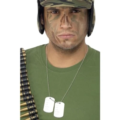 Image of Smiffys Dogtags on Chain, Silver Aluminium, Land, Sea and Air Forces Fancy Dress, Troops Dress Up Jewellery