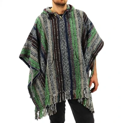 Image of LOUDelephant 100% Woven Gheri Brushed Cotton Hooded Poncho Green, Brown &amp; Navy
