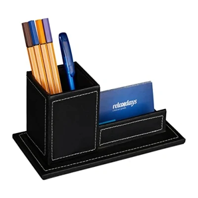 Image of Relaxdays Desk Organiser, Pen Cup &amp; Business Card Holder, H x W D: 10.5 20 10 cm, Faux Leather, Black
