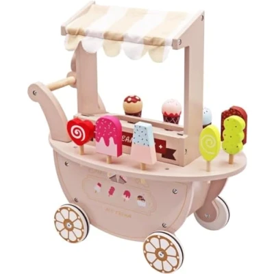 Image of BLUEBRIT® Wooden Ice Cream Toy Shop Kids Educational Early Years Cart Vendor Role Play Gift For 3 6 Year Olds