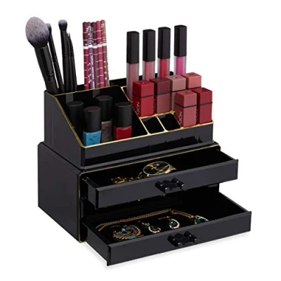 Image of Relaxdays Small Organizer, 2 Piece Cosmetics Storage with Drawers, Stackable Makeup Shelf, Black/Gold, 1 Item