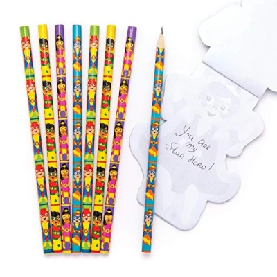 Image of Baker Ross AW710 Star Hero Pencils (Pack of 8) Ideal for Kids Pencil Cases Perfect Goodie Bags, Halloween Party Favours, Pinata Filler or Birthday Present