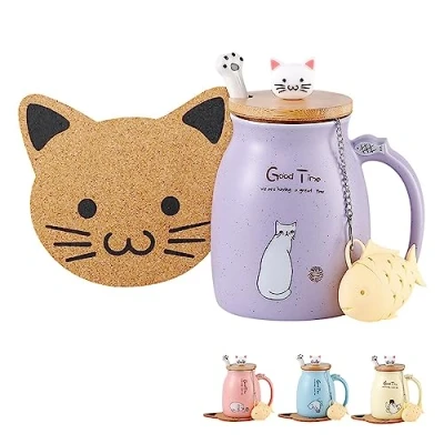 Image of BigNoseDeer Kawaii Tea Cup with Infuser Cute Cat Mug Ceramic Coffee Mugs Gifts for Lovers Valentines Day Women 13oz