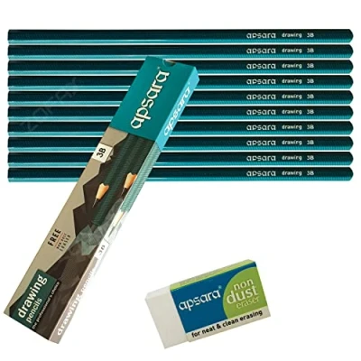 Image of Sketching Pencils, 3B Graded, Pack of 10, Graphite Lead, Professional Artists Drawing Pencils Eraser Pack, Sketch Draw Shade Write, iZOFAX Black Ball Pen