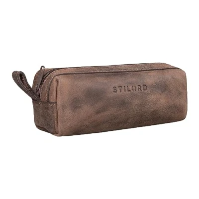Image of STILORD &#039;Linus&#039; Pencil Case Leather Pen Pouch Office University College Women Men Stationary Vintage Leather, Colour:Veleta Brown