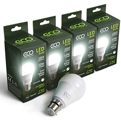 Image of ECO 4 x Dimmable 2 Pin B22 Bayonet Light Bulb, 12W LED Energy Saving Bulbs, 75W Equivalent, Frosted, Cool White (6500K), 15000Hrs (Cool 6500K, Bulb Multipack)