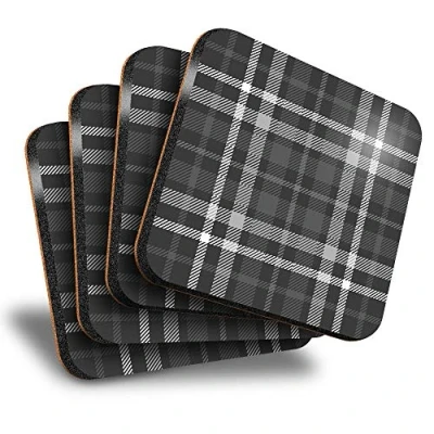 Image of Destination Vinyl ltd Great Coasters (Set of 4) Square BW Scottish Teal Tartan Scotland Drink Glossy Coasters/Tabletop Protection for Any Table Type #35088