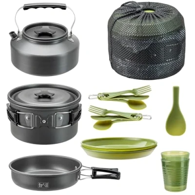 Image of Trail Camping Cookware Set 16pc, 2 Person Camp Cooking Kit, Non Stick Hard Anodised Aluminium, Cook Pot with Lid, Frying Pan, Kettle, Spatula, Cups, Plates, Cutlery, Lightweight Stackable Bag