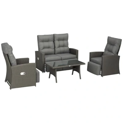 Image of Outsunny 4 Piece Rattan Garden Furniture Sets, Seater Outdoor Sofa Sectional with Wicker Sofa, Reclining Armchair and Glass Table for Poolside, Grey