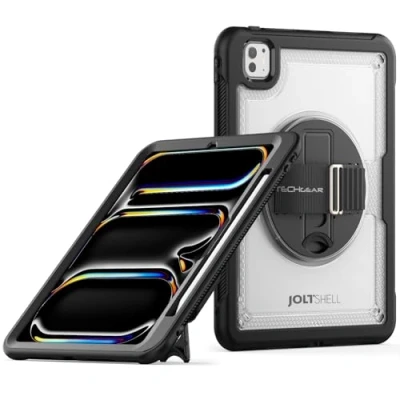 Image of TECHGEAR JOLT SHELL Case for Apple iPad Pro 11&quot; 2024 (M4) 5th Generation Tough Rugged HEAVY DUTY Slim Shockproof with 360 Rotating Stand &amp; Hand Strap Clear