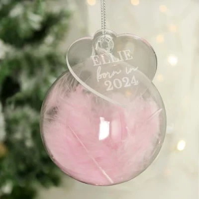 Image of Custom Personalised Born In Pink Feather Glass Bauble With Heart Tag Perfect for Baby&#039;s First Christmas