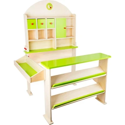 Image of small foot 10587 &quot;Market day&quot; wooden stall with compartments and doors for goods of the merchant shop, from 3 years old