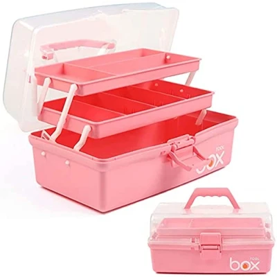 Image of Creahaus 12in 3 Layer Multipurpose Storage Box/Craft Boxes with Compartments/Plastic Tool Box/Medicine Box/Hair Accessories Organiser/Sewing Box 2 Trays (Pink)