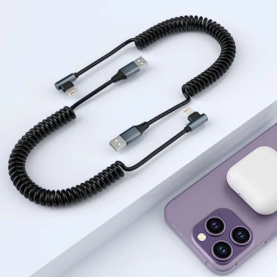 Image of 2 Pack iPhone Charger Cable for Car, 90 Degree Data with Apple Carplay &amp; MFi Certified, Short Retractable Charging Cord iPhone/Pad/Pod