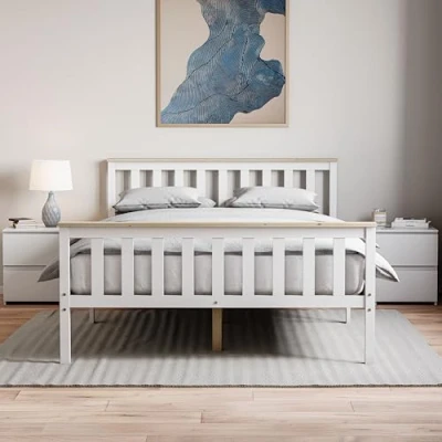 Image of Amazon Basics Milan Double Bed, Bed Frame, Solid Pine Wood, Headboard, High Foot End Bedroom Furniture, 4ft, White/Pine, 82 x 144 196.5 cm (Previously Movian brand)