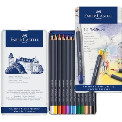 Image of Faber Castell Creative Studio Goldfaber Colour Pencil, Multicoloured (Multicoloured) Tin Of 12 Pencils, For Art, Craft, Drawing, Sketching, Home, School, University, Colouring