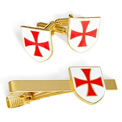 Image of The Masonic Collection Knights Templar Gold Cufflinks &amp; Tieslide Set for Men With Red White Enamel Coating Comes in Cufflink Box Quality Freemason Gifts