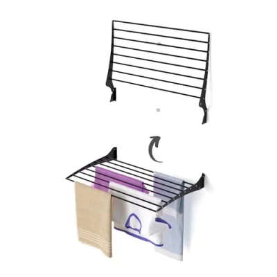 Image of foxydry Fold Wall Mounted Clothes Drying Rack, Black Folding and Rebaltable for Indoor or Outdoor Aluminium Steel 80x50x57 cm / 31.5x19.6x22.4 in (80 cm, Black)