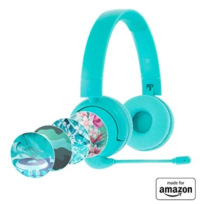 Image of All New, Made for Amazon BuddyPhones PopTime Pro Volume limiting Bluetooth Child Headphones with Boom Microphone Age (3 12), Hello Teal