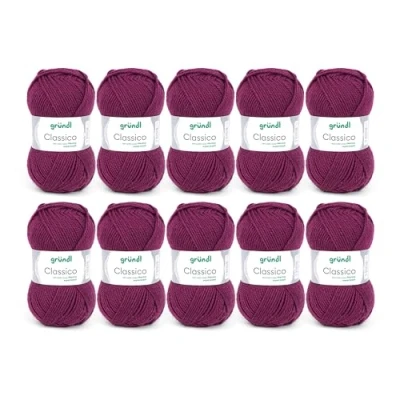 Image of Gründl Classico Wolle (Oeko TEX® Certified Knitting/Crochet Yarn Made of 50% Pure New Wool (Merino Superwash) &amp; polyacrylic, 50 g/120 m, Needle Size: 3.5 4.5, 10 Balls á g), Bordeaux