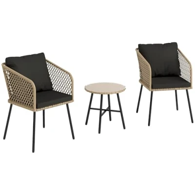 Image of Outsunny 3 Piece Rattan Bistro Set, Patio Wicker Conversation Furniture Set with 2 Chairs, Tempered Glass Table, Cushions, Adjustable Foot Pads, for Garden, Balcony, Nature Wood Finish