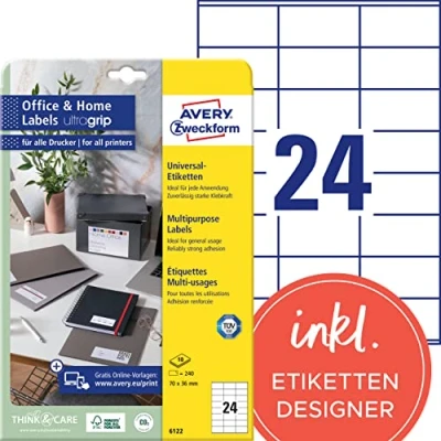 Image of Avery Zweckform 6122 Labels 70 x 36 mm for Inkjet Laser Copy 10 Sheets White