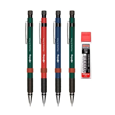 Image of rOtring Visumax Mechanical Pencils 0.7mm Pack of 4 + 24 Super Polymer 2B Lead Refills Twist Out Eraser Rubber Grip Refillable Assorted Barrel Colours