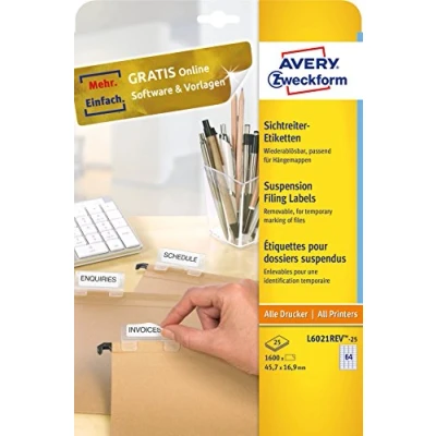 Image of Avery Zweckform L6021REV 25 Folder Labels for Label Holders on Suspension Files Stick+Lift 45.7 x 16.9 mm Sheets