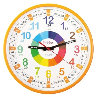 Image of Kiddus Wall Clock for Boys and Girls. Silent Analogue Time Teacher with Exercises. Easy to Read Learn the Time. 30cm diameter XL Light Orange
