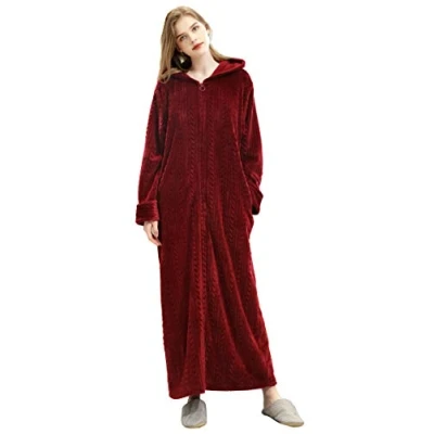 Image of Womens Plus Size Fleece Hooded Dressing Gown Soft Comfy Bathrobe Full Length with Zipper Lightweight Housecoat Loungewear Wine Red XL 14 20 UK
