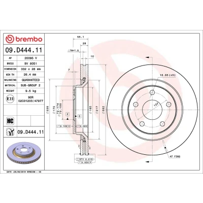 Image of 68040177AA Brake disc BREMBO 09.D444.11 332mm 28mm 5 internally vented Coated High carbon JEEP: Wrangler 3, IV