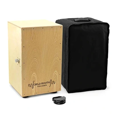 Image of World Rhythm Natural Cajon Drum with Adjustable Snare &amp; Foot Tambourine