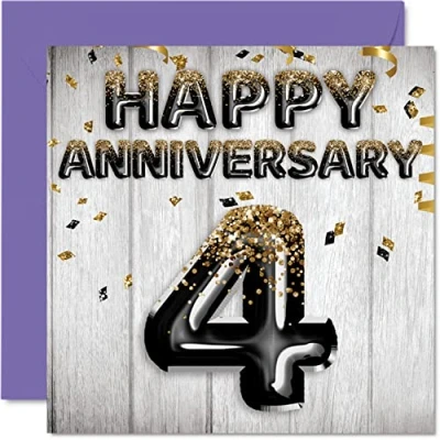 Image of Awesome Linen Anniversary Card for Husband Boyfriend Wife Girlfriend Black Gold Glitter Balloons Happy 4th Cards from Family, 145mm x Greeting Fourth Anniversaries