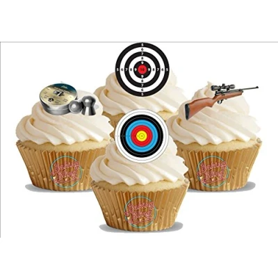Image of 12 x Air Rifle Shooting Mix Fun Novelty Birthday Premium Stand UP Edible Wafer Card Cake Toppers Decorations Fairground