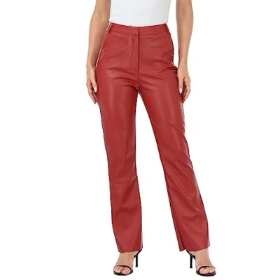 Image of HDE Women&#039;s Faux Leather Pants High Waisted Straight Leg Trousers with Pockets, Red, Large