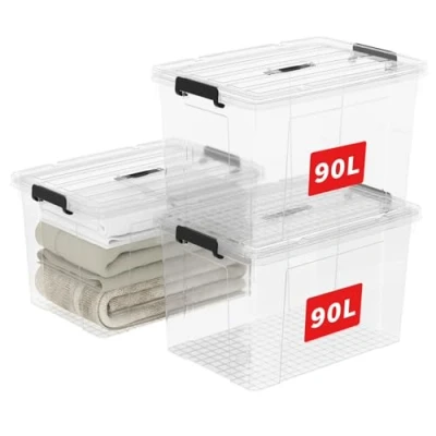 Image of Cetomo 90L*3 Storage Boxes, Carry Plastic Box with Lids, Organizing Container Handle and Secure Latching Buckles, Stackable, Nestable, Tote Bin for Home Office Clothes, 90L 3Pack, Clear