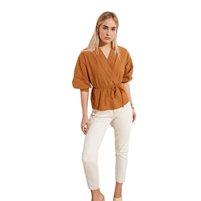 Image of Trendyol Women&#039;s Woman Regular Standard V Neck Woven Blouse Shirt, Camel, 36 UK