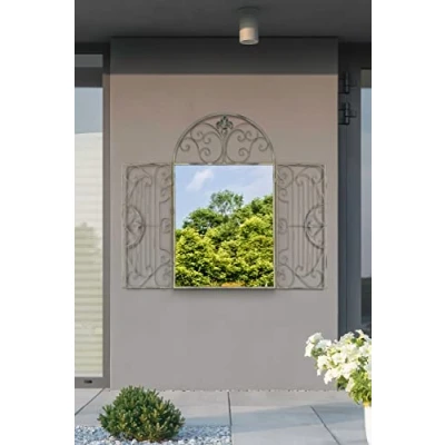 Image of MirrorOutlet Large Metal Rustic Arched Shaped Window Garden Outdoor Mirror Opening 102cm X 61cm, Champagne Silver, GM080