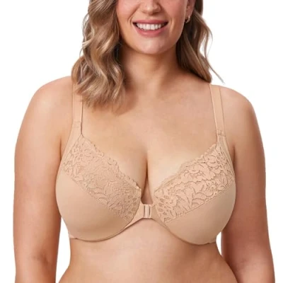 Image of Delimira Women&#039;s Front Fastening Bra Racer Back Lace Plus Size Non Padded Underwired Warm Beige 36F