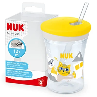 Image of NUK Action Cup Toddler 12+ Months Twist Close Soft Drinking Straw Leak Proof BPA Free 230ml Yellow Cat