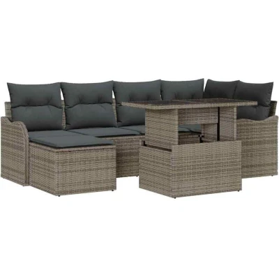 Image of vidaXL 7 Piece Garden Sofa Set with Cushions Grey Poly Rattan