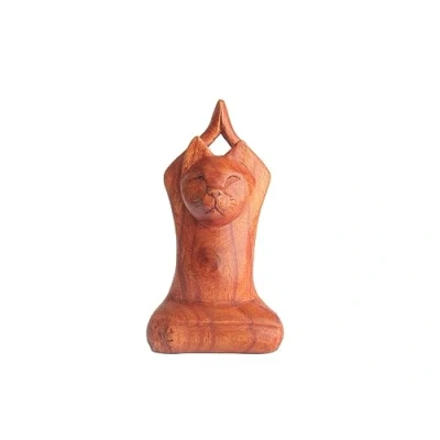 Image of Brave Wings Hand Carved Wooden Animal Meditating Cat OOAK Sculpture Figurine Statue Unique Table Decoration Home Decor Gift for Christmas and Birthdays 4128