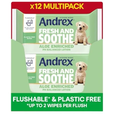Image of Andrex Ultra Care Washlets, 12 Packs Flushable Toilet Wipes Skin Kind Soothing Contains Aloe Vera and Prebiotic Lotion Biodegradable Plastic Free