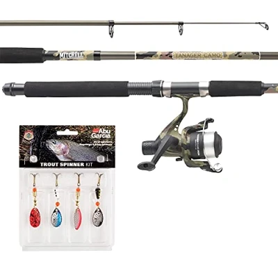 Image of Mitchell Tanager Camo, fishing Rod and Reel Combo, Spinning Combos, Allround Fishing, with line lures for trout perch, Unisex, Green camouflage, 1.8m