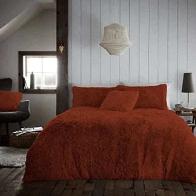 Image of GC GAVENO CAVAILIA Easy Care Fluffy Fur Duvet Cover Set, Hug &amp; Snug Warm Bedding Sets King Size, Cuddly Bed Covers, Rust